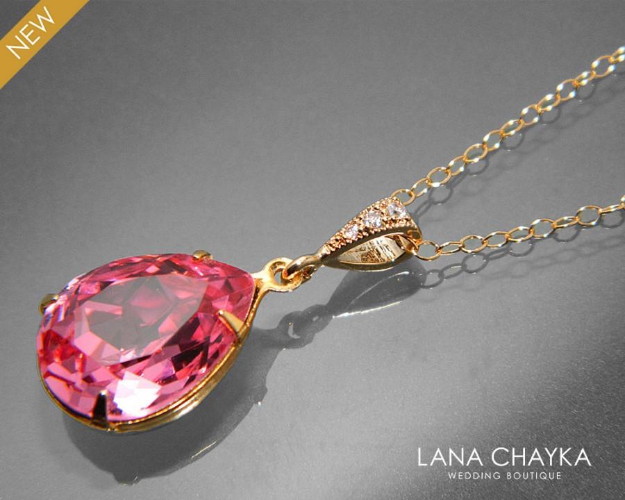 Mariage - Pink Crystal Gold Necklace Swarovski Rose Pink Rhinestone Necklace Pink Teardrop Crystal Necklace Bridal Pink Necklace Wedding Pink Jewelry - $26.50 USD