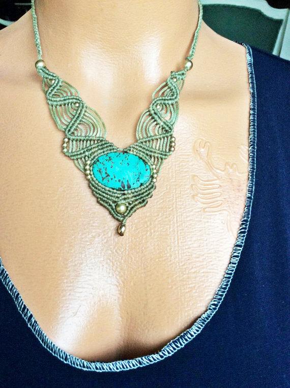 زفاف - Macrame necklace, handmade gemstone pendant, boho necklace, hippie necklace, turquoise stone jewelry, healing crystal jewelry, blue necklace
