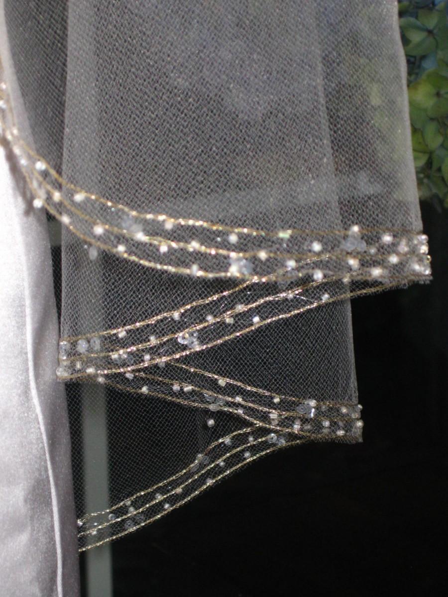 Wedding - Wedding veil with beaded edge - past elbow length 1 layer 34" long and 72" wide, comes in silver or light gold trimmed.