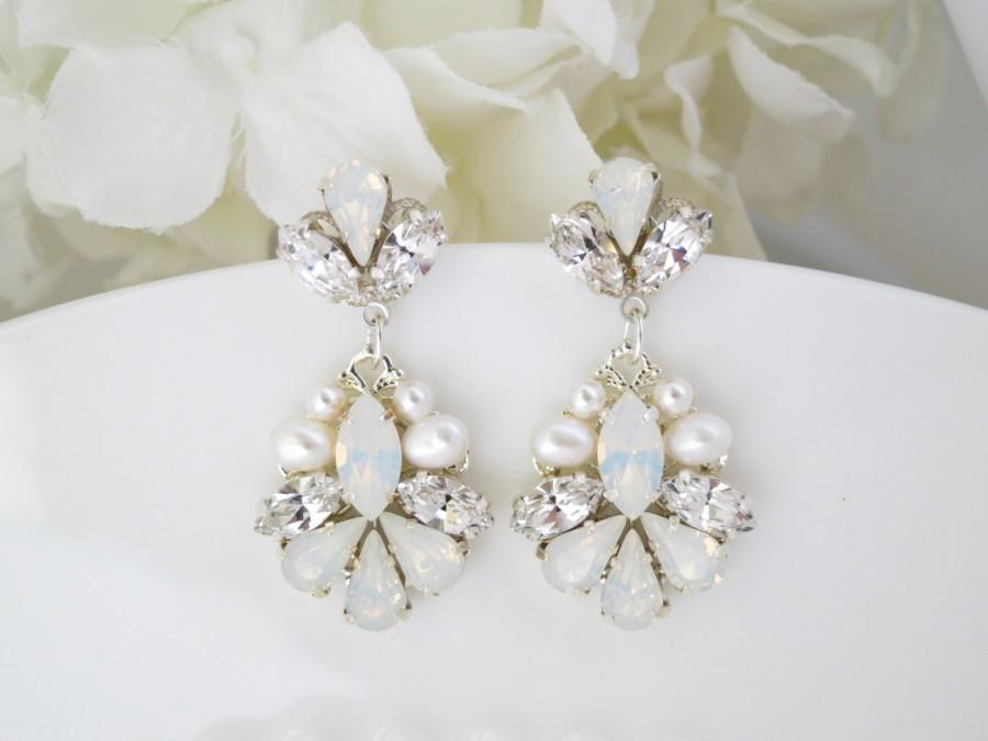 Hochzeit - Wedding Earring, Swarovski White Opal drop earring, Crystal and pearl teardrop bridal earring, Unique wedding earring