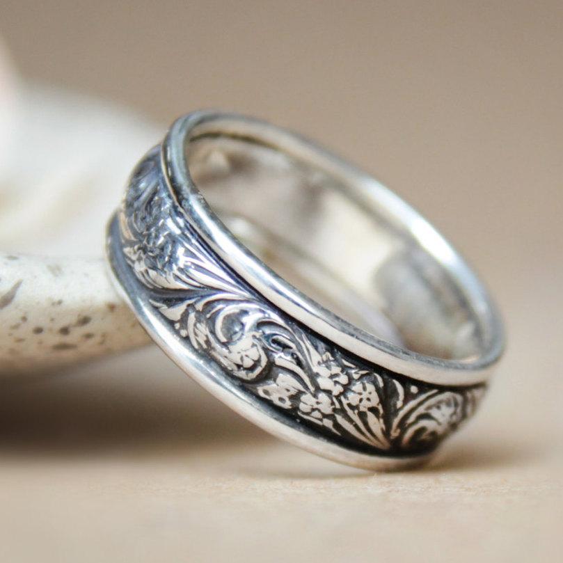 Wedding - Wide Wildflowers Wedding Band in Sterling - Silver Flower Pattern Anniversary Band - Florentine Style Floral Bridal Promise Ring