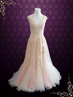 Wedding - Blush Pink Boho Beach Lace Wedding Dress With Plunging Neckline 