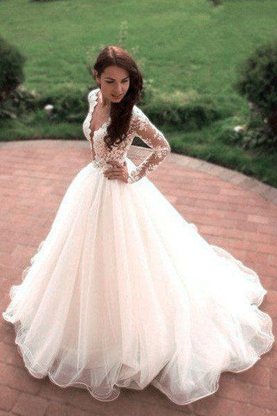 Wedding - Vintage Boho Summer Wedding Dresses Princess Tulle Lace Tulle Skirt Long Sleeves Elegant White Wedding Gown