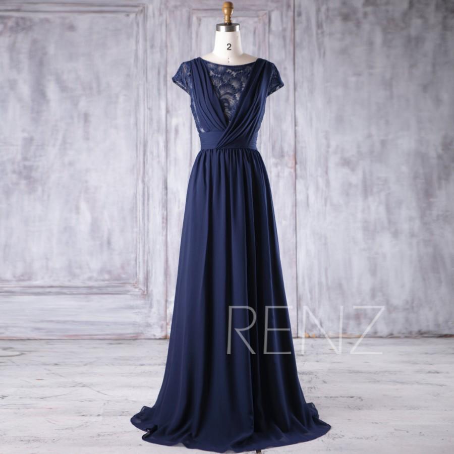 Mariage - 2017 Navy Chiffon Bridesmaid Dress, Cap Sleeves Wedding Dress, V Neck Ruched Bodice Prom Dress, A Line Evening Gown Floor Length (H378)