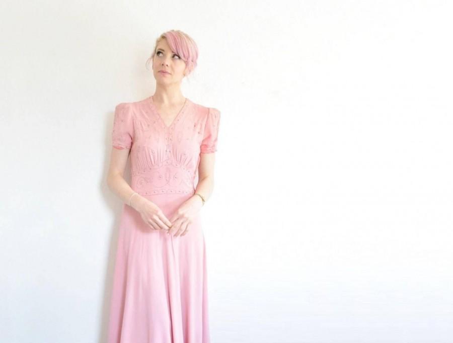 Mariage - 1940 pink beaded gown . floor length studded starlet dress .small .sale