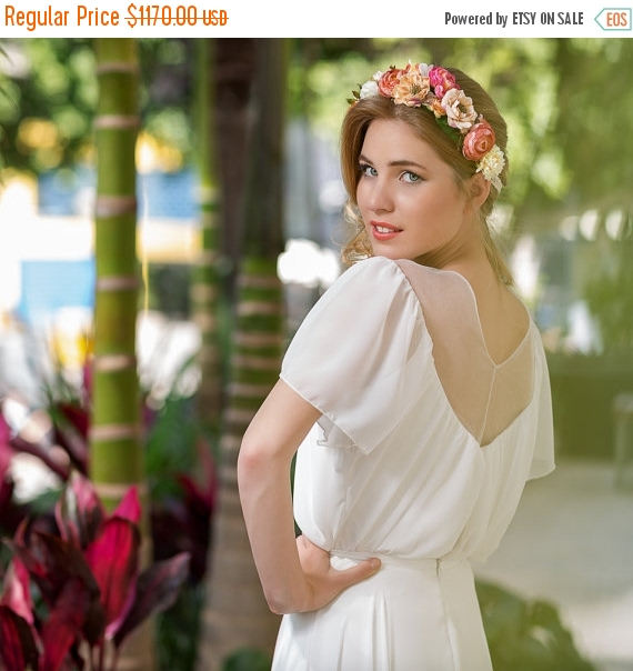 Hochzeit - SALE Vintage style Wedding dress, White / Ivory chiffon sleeves wedding dress, Sheer boat neckline wedding gown, custom size 2-4-6-8