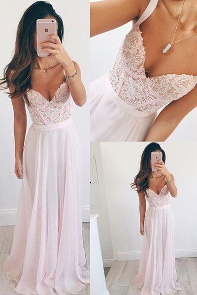زفاف - Long Chiffon Baby Pink Long Prom Dress A Line Spaghetti Straps Lace Evening Dresses From Hiprom