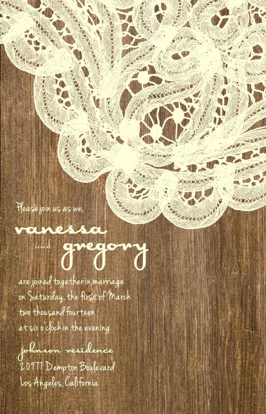 Mariage - Custom Western Wood and Elegant Lace Wedding Invitations