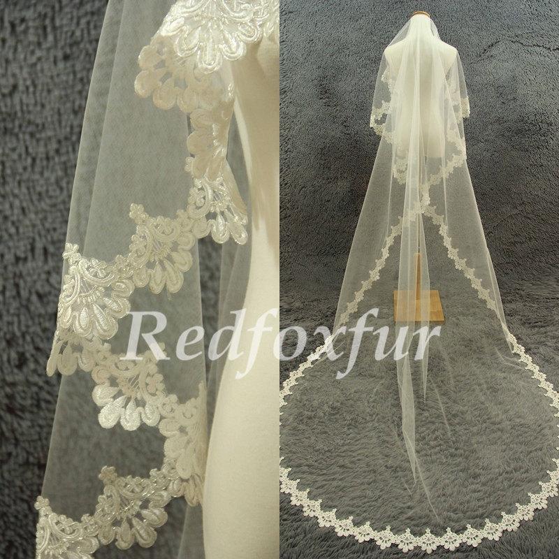 زفاف - Fashion 1T Ivory Veil,Long Bridal Veil ,Cathedral Bridal Veil,Lace edge long Wedding veil,Wedding bridal veil, No comb