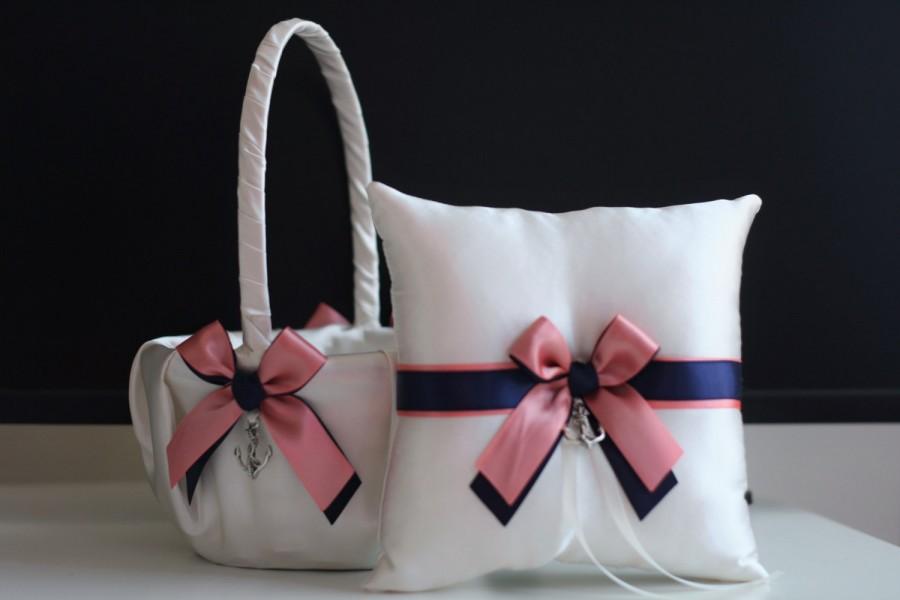 زفاف - Anchor Navy Coral Flower Girl Basket with Ring Bearer Pillow Set / Anchor Wedding Basket / Anchor Wedding Pillow / Anchor Wedding Bearer - $28.00 USD