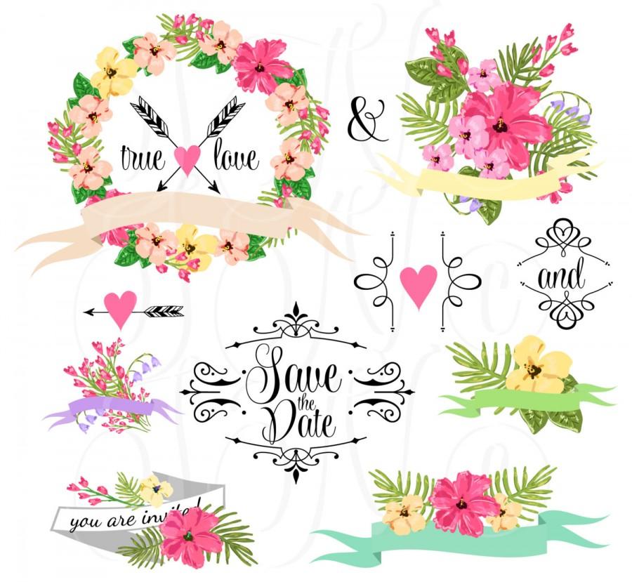 Mariage - Wedding Floral clipart, Digital Wreath, Floral Frames, Flowers, Arrows Clip art scrapbooking, wedding invitations, Ribbons, Banners, Heart - $5.00 USD