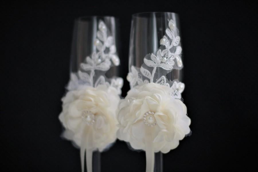 زفاف - Wedding Glasses for Champagne  Ivory Champagne Flutes   Flower girl Basket & ivory Ring Bearer Pillow / Lace Ring Bearer   Ivory Guest Book - $39.00 USD