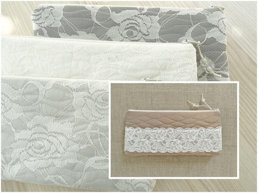 زفاف - Silver Gray Bride Lace Roses Clutch Purse, Romantic Wedding Handbag Bridal Shower Gift for Her