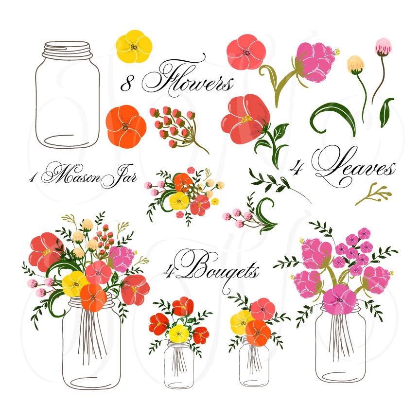 Wedding - Hand Drawn Mason Jars, card template and digital papers, Clip art for scrapbooking, wedding invitations, Personal and Small Commercial Use - $5.00 USD