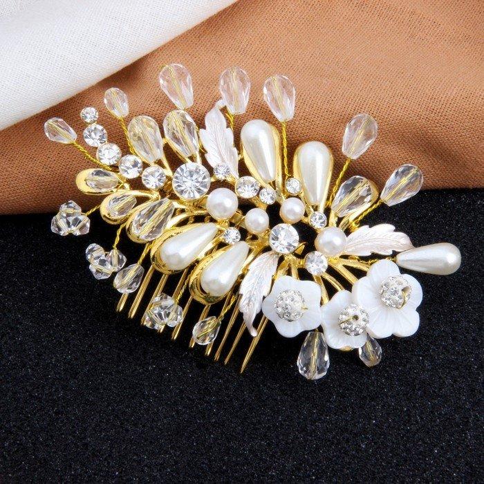 Mariage - Pearl and Crystal Bridal Hair Comb Leaf