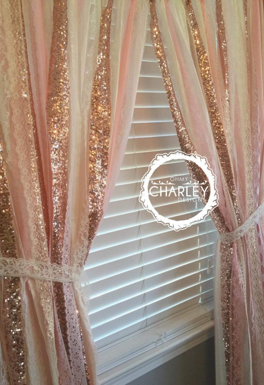 زفاف - Rose Gold Sparkle Sequin Garland Curtain with Lace - Nursery Decor, Curtain, Window Treatment