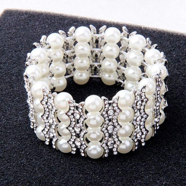 Hochzeit - Crystal Pearl Elastic Bridal Bracelet Adjustable