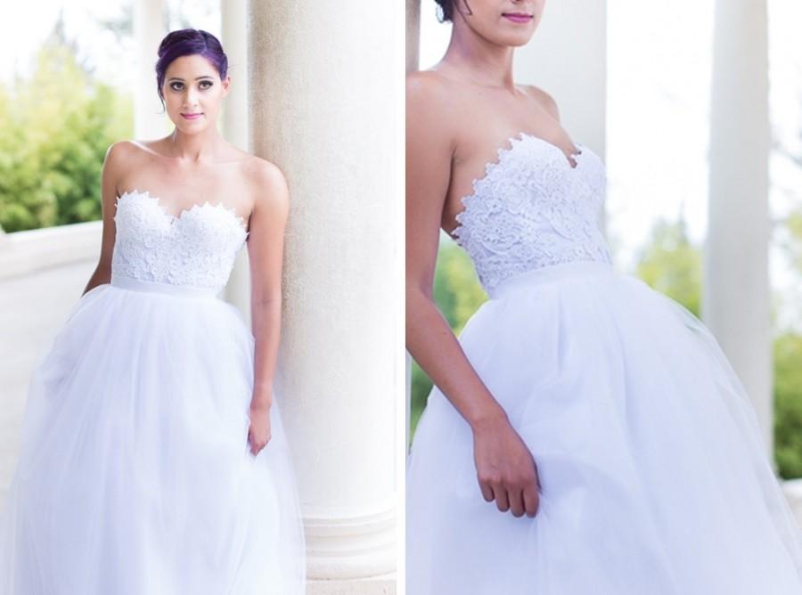 زفاف - White Lace Corset, 2 piece wedding dress, Strapless,  Couture, Lace Corset , Full Length, Floor length Tulle Skirt, Extra Full Skirt