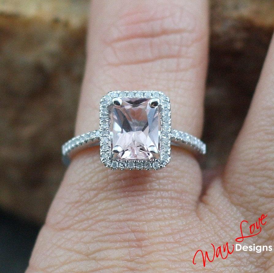 زفاف - Light Pale Pink Sapphire & Diamond Emerald Halo Engagement Ring 2ct 8x6mm 14k 18k White Yellow Rose Gold-Platinum-Custom-Wedding-Anniversary