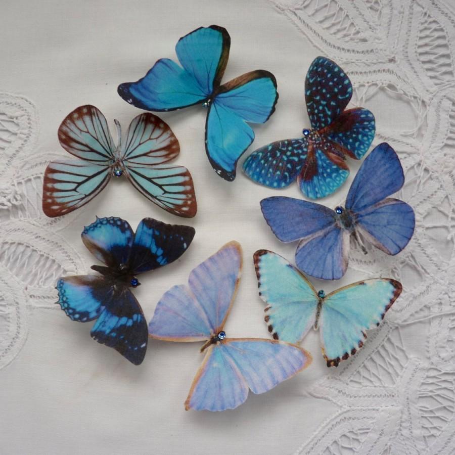 زفاف - Hand cut silk butterfly hair clips with Swarovski Crystal. Wedding, Prom - Set of 7 BLUES