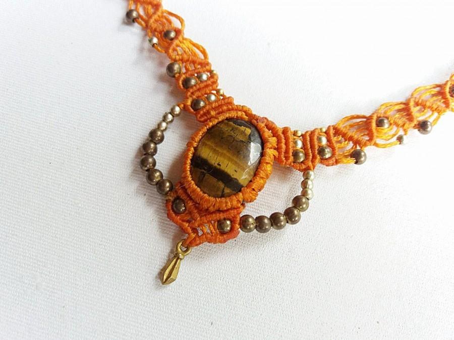 Свадьба - handmade macrame tiger eye necklace, tiger eye gemstone tiara, adjustable ending afforable necklace, bohemian jewelry necklace, orange