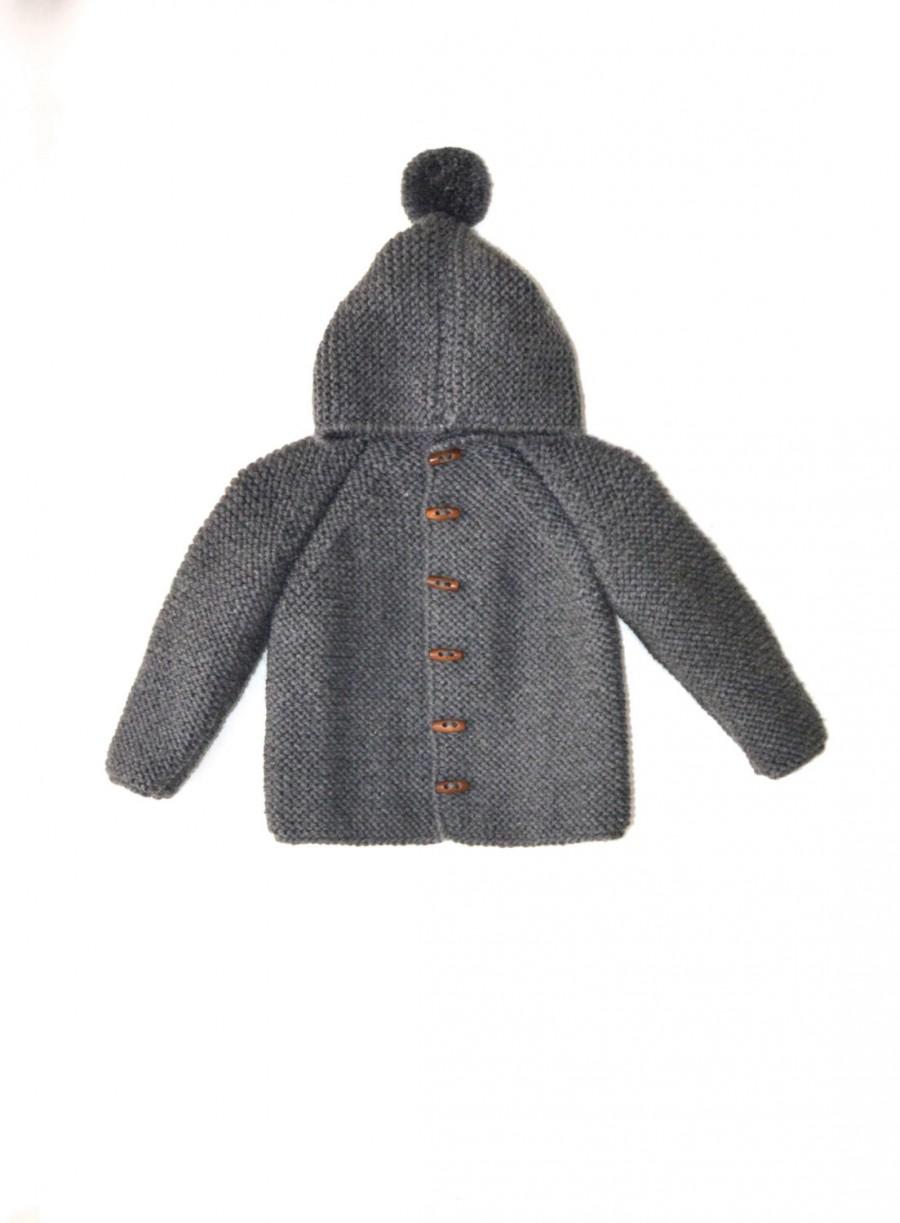 Mariage - Hand Knitted baby wool hoodie cardigan/Jacket, Chunky, Duffel Coat, Raglan with pom pom, picture color dark gray