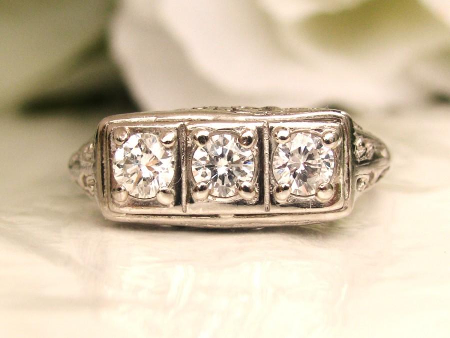 Hochzeit - Art Deco Engagement Ring 0.60ctw Diamond Trilogy Wedding Ring 14K White Gold Filigree Three Stone Anniversary Ring