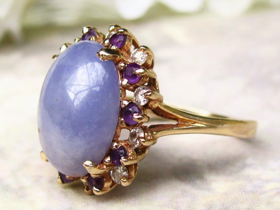 Свадьба - Vintage Lavender Jadeite Amethyst & Diamond Ring 14K Yellow Gold Lady Di Halo Style Alternative Engagement Ring Diamond Wedding Ring