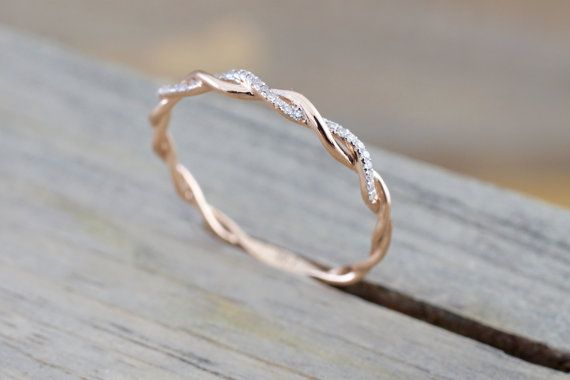 Свадьба - 14k Rose Gold Round Cut Diamond Rope Twined Vine Engagement Pave Stackable Stacking Promise Ring Anniversary