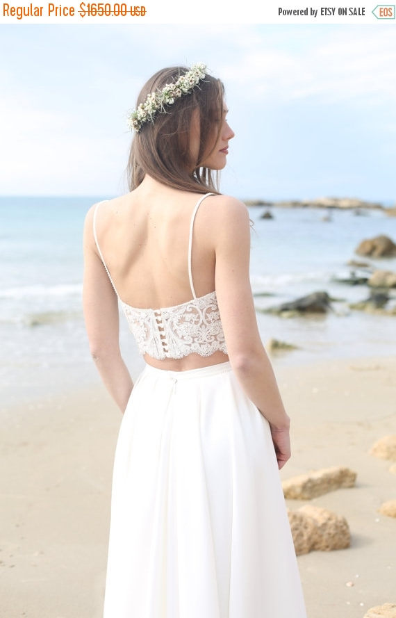 زفاف - SALE Boho Lace crop top and Podanch Pleated skirt with pockets, chic Bohemian Wedding Dress, Beach wedding dress