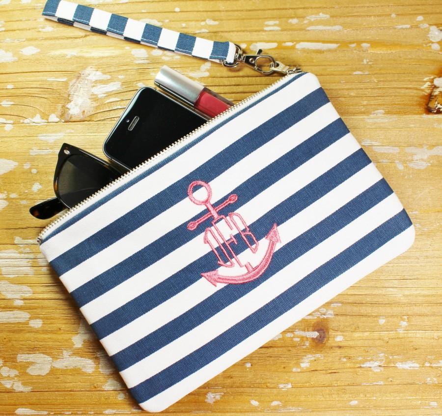 Mariage - Monogrammed Navy Wristlet/Clutch - Anchor - Nautical - Iphone/Phone Wristlet - Bridesmaid Clutch- Navy & Coral - Striped Clutch