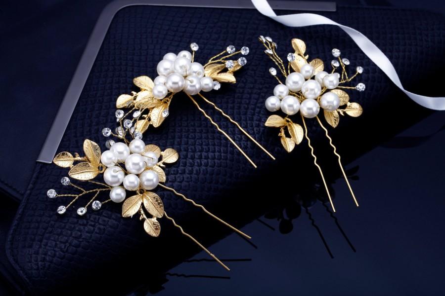 Mariage - Crystal Hair Pins, Gold Hair Pins, Wedding Hair Pins, Bridal Leaf Hairpins, Rhinestone Hair Pins, Bridal Headpiece, Bridal Comb Crystal Comb