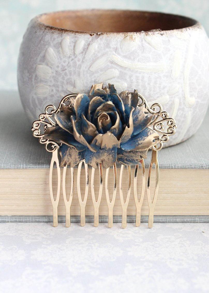 Wedding - Navy and Gold Rose Comb Big Flower Hair Comb Modern Romantic Glam Bridal Hair Piece Womens Accessories Winter Wedding Bridesmaids Gift