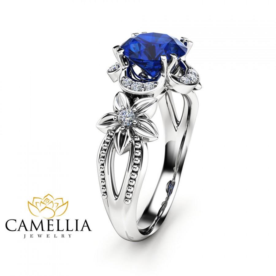 زفاف - 14K White Gold Sapphire Engagement Ring  Royal Blue Sapphire Ring Unique Art Deco Engagement Ring