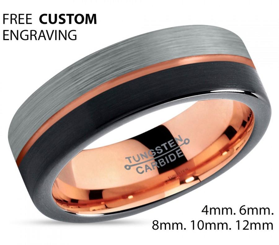 زفاف - Black Tungsten Ring Rose Gold Wedding Band Ring Tungsten Carbide 8mm 18K Tungsten Man Wedding Band Male Women Anniversary Matching