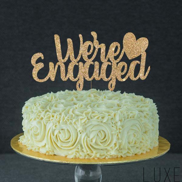 Hochzeit - We're Engaged Topper for Engagement Shower, Bridal party, Bachelorette Party, Wedding - Gold Glitter Cupcake and Cake Topper