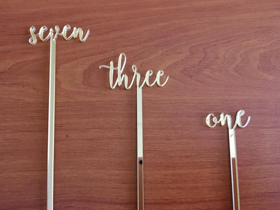 Wedding - Flower arrangement table numbers, Script table numbers, Gold wedding table numbers on stick , Gold mirror numbers, Words for tables, 01