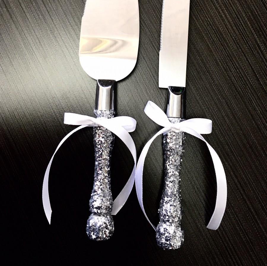 زفاف - Cake Cutter set - Silver Glitter,  FREE shipping, cake server set, cake knife, wedding cake server