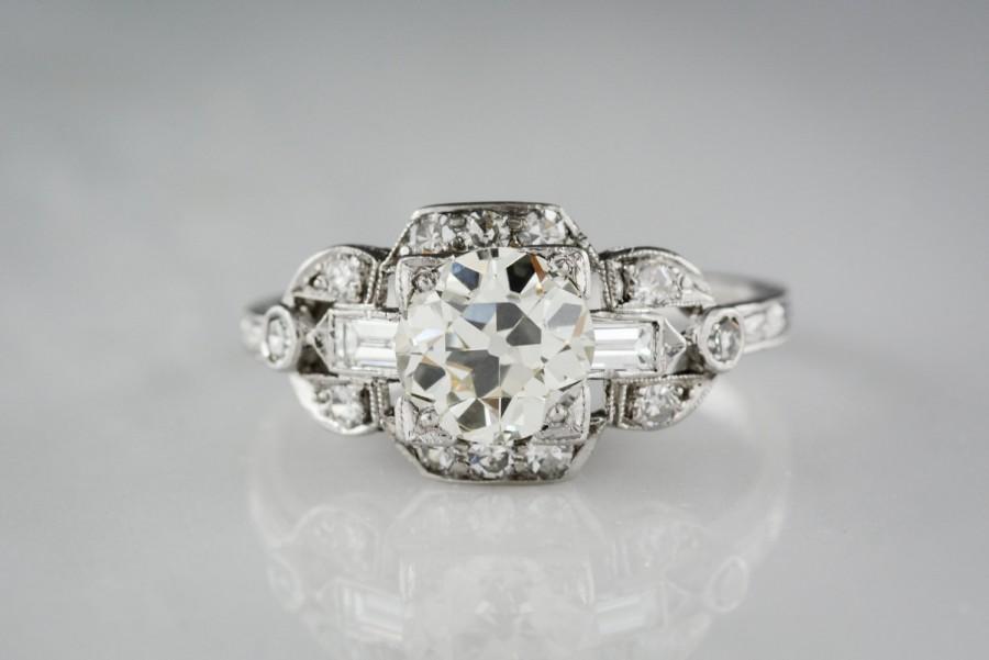 زفاف - 1.30 Carat Old European Cut Diamond in Edwardian / Art Deco Platinum Engagement Ring with Baguette (Emerald) and Single Cut Diamonds R415