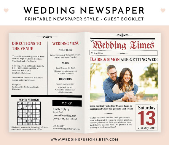 Mariage - Wedding Newspaper, Wedding Newspaper Program, Wedding Program, Newspaper Invite, Newspaper Invitation, Personalised Newspaper, Booklets