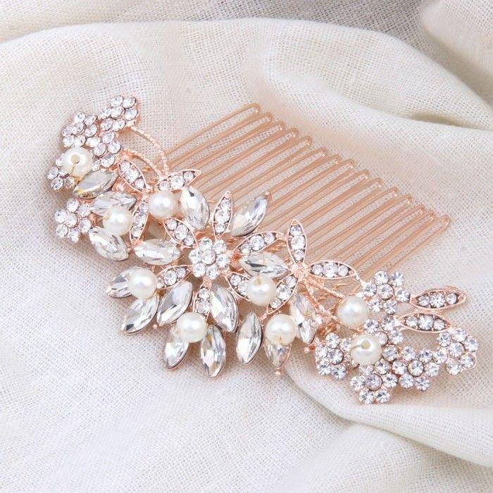 Hochzeit - Bridal Hair Comb Rose Gold for Wedding Pearl Crystal