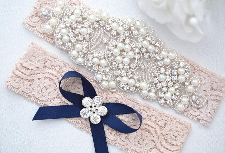 Hochzeit - BULSH PINK  Crystal pearl Wedding Garter Set, Stretch Lace Garter, Rhinestone Crystal Bridal Garters