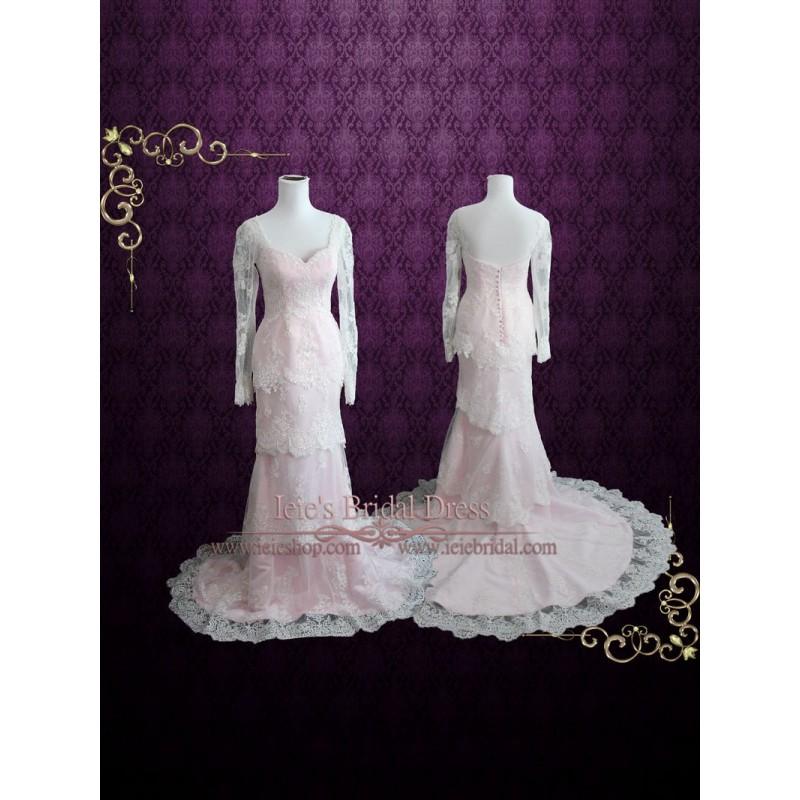 زفاف - Pearl Pink Tiered Lace Wedding Dress with Long Sleeves 