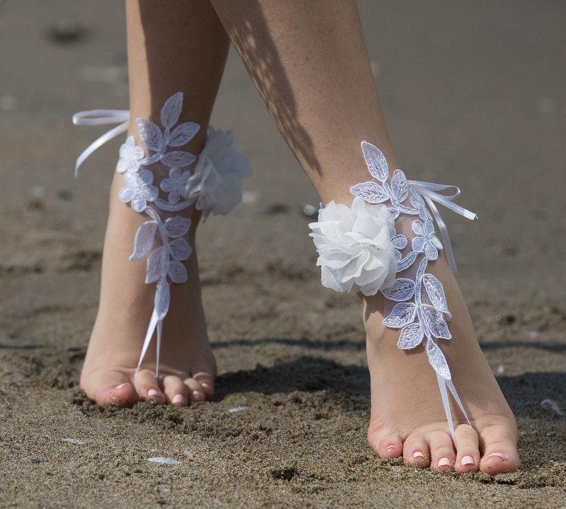 Wedding - FREE SHIP White lace barefoot sandals wedding barefoot, Flexible wrist lace sandals Beach wedding barefoot sandals, White barefoot sandals, - $32.90 USD