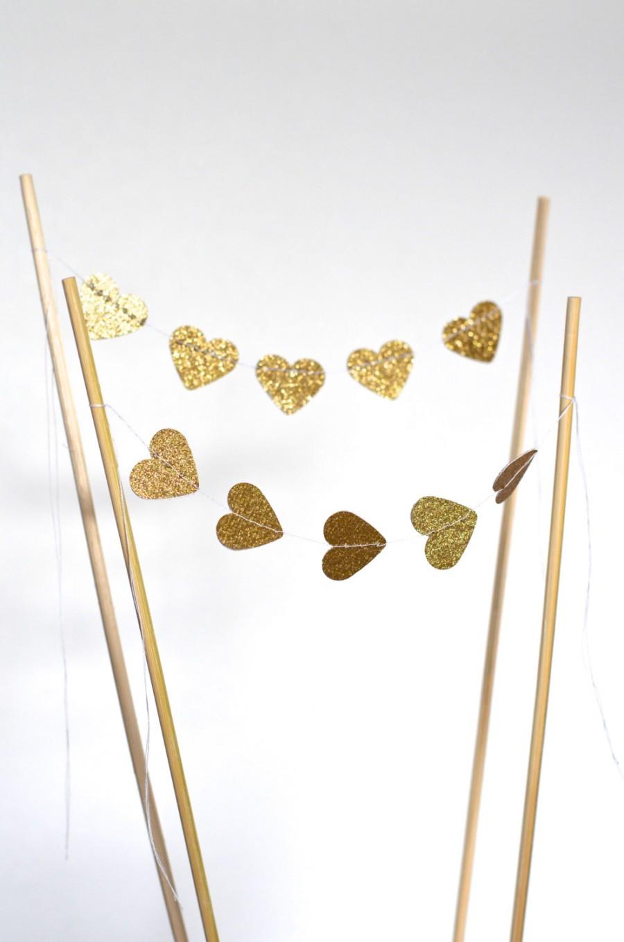 Wedding - Gold or Silver Heart Cake Topper, glitter mini bunting dessert topper, other colors available