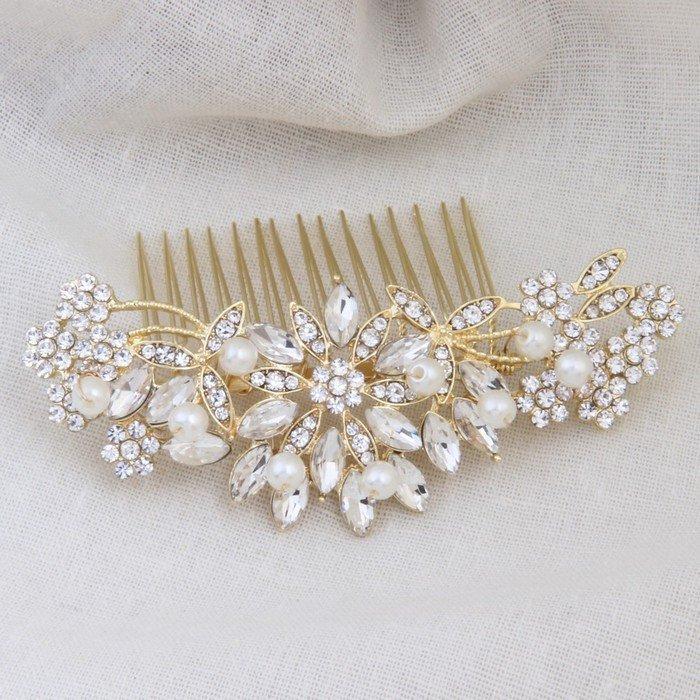 Wedding - Floral Gold Crystal Bridal Headpiece with Pearls