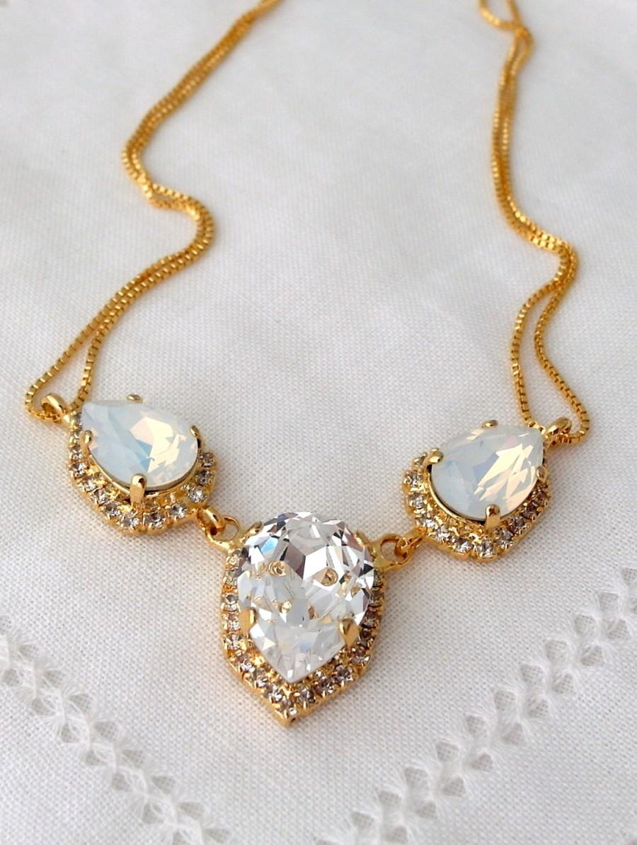 Wedding - White opal and clear Swarovski crystal necklace,  Statement necklace, Bridal necklace, Bridesmaid gift, Wedding jewelry,estate style jewelry