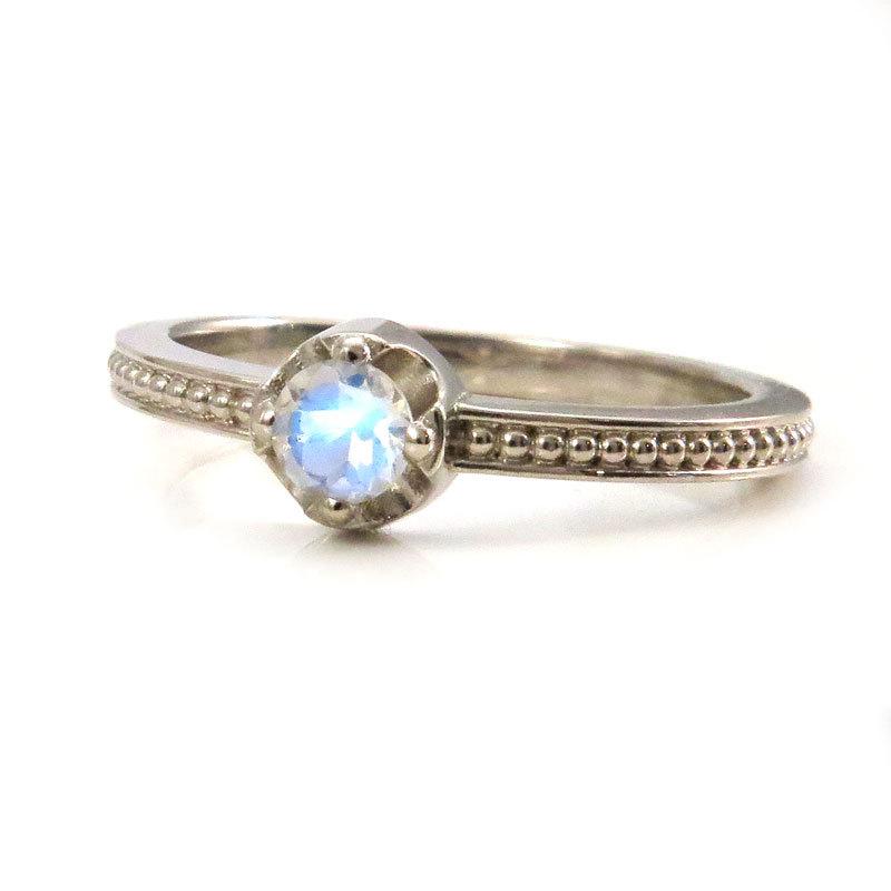 Wedding - Faceted Moonstone Solitaire - 14k Palladium White Gold Engagement Ring