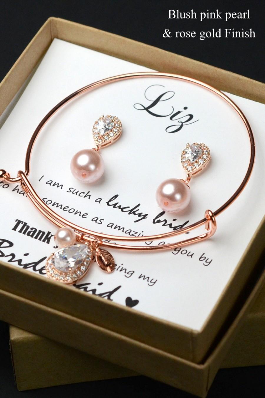 زفاف - rose gold Bridal Earrings Soft Pink Blush Pearl Earrings Cubic Zirconia  Silver Post Wedding Jewelry Bridesmaid Gift Pastel Rose Jewelry