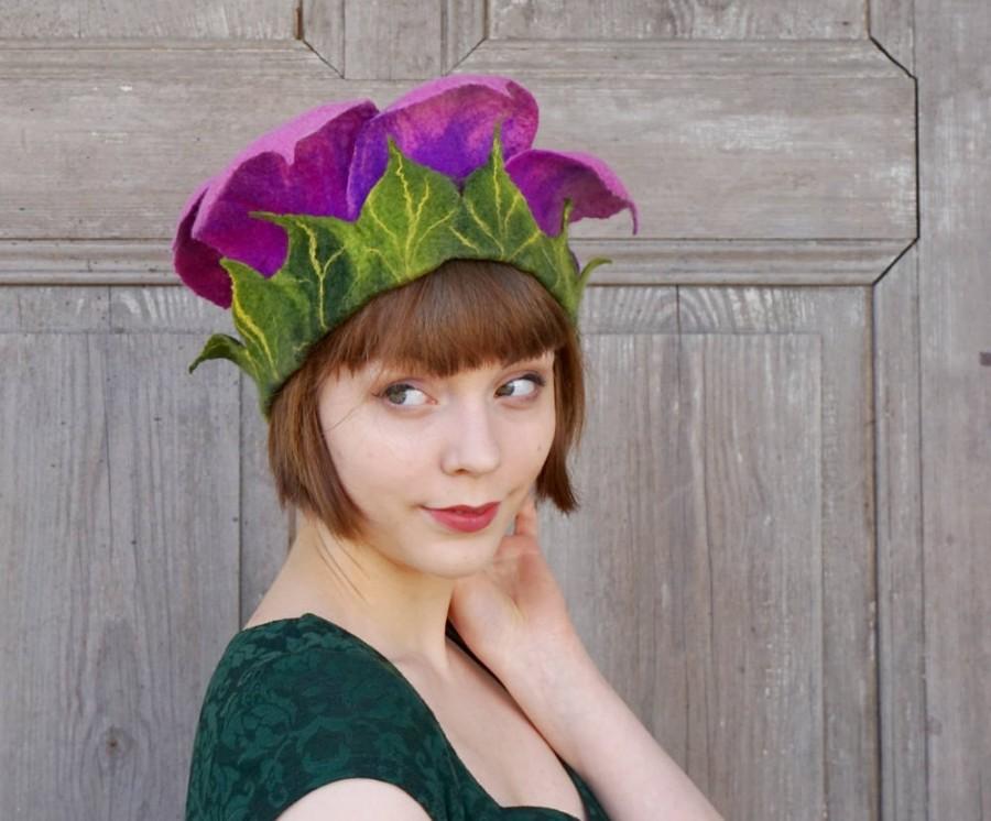 Hochzeit - Felted floral hat, purple spring flower, unique fairy hat, festive elvish hat, unusual designer hat, artistic headgear, bohemian style, OOAK